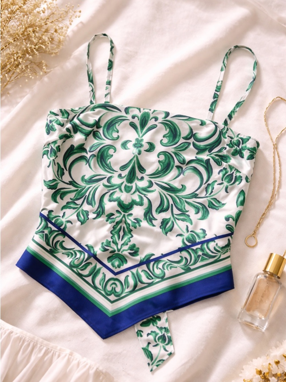 B·WEAR Green & Blue Majolica Print Handkerchief Top - Size Small